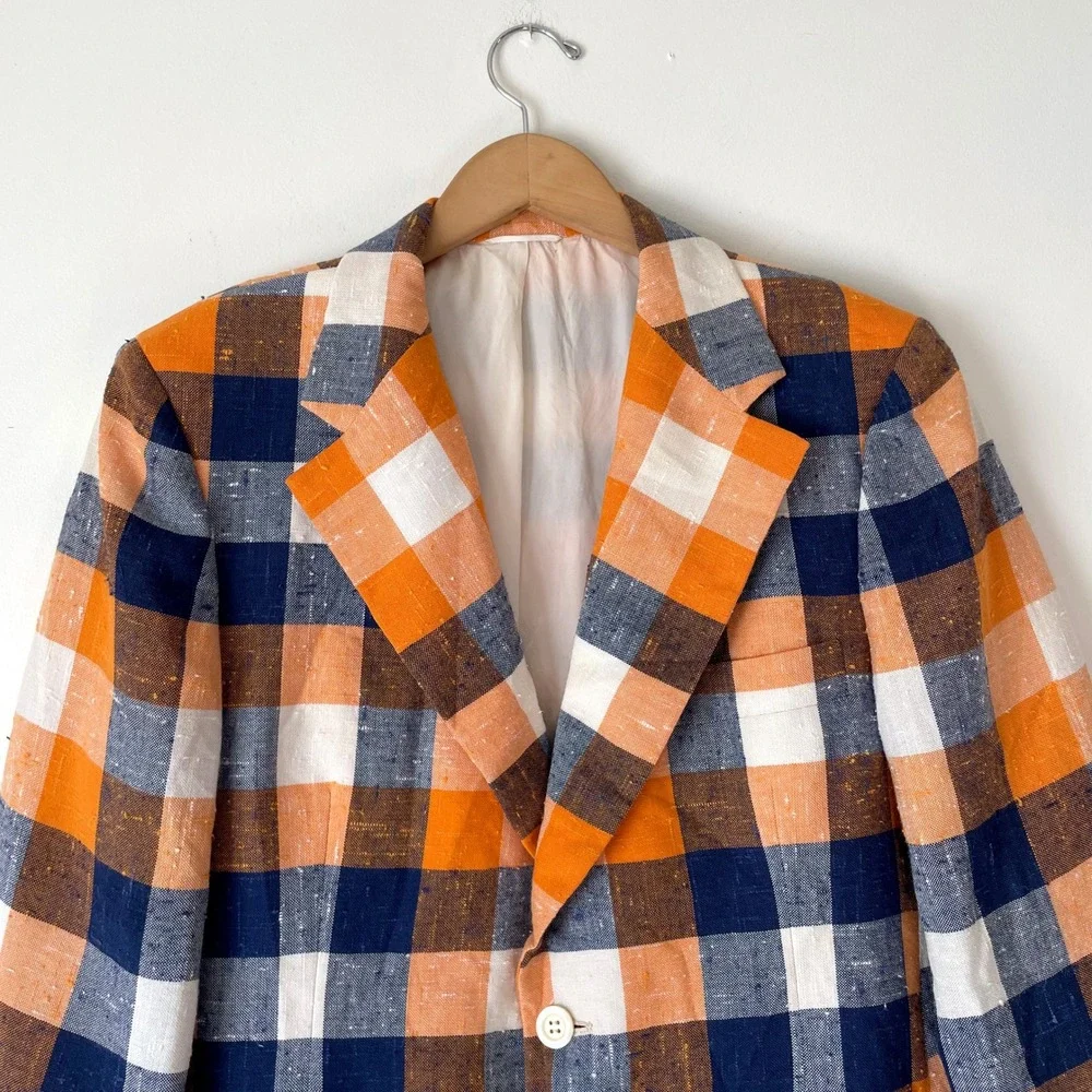 Vintage Plaid Blazer Sport Coat Textured Slub Two Button XL Retro Preppy 70s